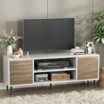YESHOMY Modern TV Stand for 65" Television, Entertainment Center with Two Storage Cabinets, Retro Style Media Console for Living Room, Bedroom, Office, 58 Inch, White and Coffee - Image 9