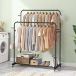 Laiensia Double Rods Garment Rack with Wheels, Clothing Rack for Hanging Clothes,4 Hooks, Multi-functional Bedroom Clothes Rack, Black - Image 6