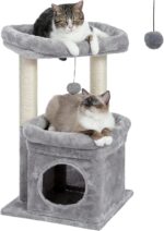 PEQULTI Cat Tree Tower for Indoor Cats with Private Cozy Cat Condo, Natural Sisal Scratching Posts and Plush Pom-pom for Small Cats - Image 2
