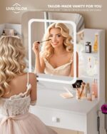 Makeup Vanity Desk with Smart LED Mirror and Power Outlet, Small Makeup Vanity Table with 2 Drawer and 5 Shelves, Dressing Table-White - Image 7