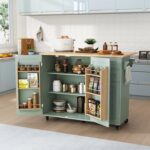 HLR Kitchen Island with Storage, Sage Green Rolling Kitchen Cart on Wheels with Drop-Leaf Bar Countertop, Islands Prep Table with Side Open Spice Rack and Tower Rack, Extra Storage for Kitchen - Image 2