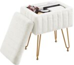 Sweetcrispy Vanity Stool Chair with Storage, 18.9”H x 16”L x 12.2”W Ottoman Chair Faux Fur Soft Padded Makeup Footstools Seat with 4 Metal Legs Anti-Slip Adjustable Feet for Make Up, White - Image 4