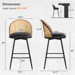 Black Bar Stools Set of 3, Swivel Counter Stools with Rattan Back & Metal Legs, 26" PU Leather Barstools Counter Height, Mid Century Modern Bar Chairs Island Stools for Kitchen Counter - Image 3