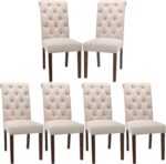 COLAMY Button Tufted Dining Chairs Set of 6, Accent Parsons Diner Chair Upholstered Fabric Dining Room Chairs Stylish Kitchen Chairs with Solid Wood Legs and Padded Seat - Dark Beige - Image 2