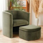 COLAMY Upholstered Velvet Barrel Accent Chair with Storage Ottoman, Morden Living Room Chair with Lounge Seat for Bedroom/Reading Spaces, Green - Image 2