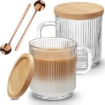Mfacoy 2 PACK Glass Coffee Mugs with Handle & Spoon, 12 OZ Glass Coffee Cups with Bamboo Lid, Ribbed Glass Cups, Clear Tea Cup for Hot/Cold Beverages, Glassware Set for Americano, Latte, Cappuccino - Image 2