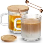 Mfacoy 2 PACK Glass Coffee Mugs with Handle & Spoon, 12 OZ Glass Coffee Cups with Bamboo Lid, Ribbed Glass Cups, Clear Tea Cup for Hot/Cold Beverages, Glassware Set for Americano, Latte, Cappuccino - Image 8