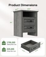 Marsail Farmhouse Nightstand with Charging Station, Bedside Table with 2 Drawers Storage and Open Shelf, Bedside Cabinet for Bedroom, Rustic Side Table, Gray - Image 3