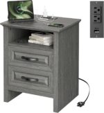 Marsail Farmhouse Nightstand with Charging Station, Bedside Table with 2 Drawers Storage and Open Shelf, Bedside Cabinet for Bedroom, Rustic Side Table, Gray - Image 4