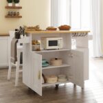 Rolling Mobile Kitchen Island Cart with Desktop Drop Leaf Countertop, Island Table Storage with 5 Wheels, Rolling Kitchen Cabinet with Power Socket (White, with countertop) - Image 9