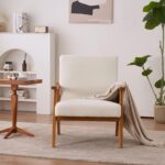 Karl home Mid-Century Accent Chair Modern Retro Leisure Chair with Solid Wood Frame Upholstered Teddy Fleece Fabric Single Sofa Armchair for Living Room, Bedroom, Balcont, Creamy-White - Image 7