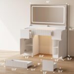 44" Vanity Desk with Large Mirror and Lights, Modern Glass Top Makeup Vanity Set with Power Outlet, 3 Drawers and 2 Cabinet, 3 Lighting Color Adjustable Dressing Table for Bedroom,Pure White - Image 4