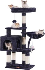 Heybly Cat Tree with Toy, Cat Tower Condo for Indoor Cats, Cat House with Padded Plush Perch, Cozy Hammock and Sisal Scratching Posts, Smoky Gray HCT004SG - Image 2