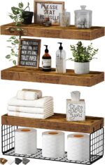 QEEIG Bathroom Shelves Over Toilet - Wall Mounted Floating Shelves Toilet Paper Storage Small Farmhouse Decor Shelf 16 inch Set of 3, Rustic Brown (019-BN3) - Image 2