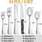 24 Pcs Silverware Set with Steak Knives Service for 4,Stainless Steel Flatware Set,Mirror Polished Cutlery Utensil Set,Home Kitchen Eating Tableware Set,Include Fork Knife Spoon Set,Dishwasher Safe - Image 3