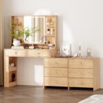 Large Makeup Vanity Desk with Mirror and Lights, Vanity Desk with 8 Drawers & Storage Shelves, Vanity Table with Power Outlet, 3 Color Modes & Adjustable Brightness Dressing Table, Bedroom,Oak - Image 2