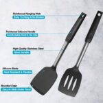 2 Pack Spatulas, Solid & Slotted Silicone Spatula Set, Stainless Steel Handle Coated with Silicone, Non Stick Turners, Heat Resistant Rubber Spatulas for Fish, Eggs, Pancakes, WOK, Black - Image 4