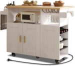 Rolling Mobile Kitchen Island Cart with Desktop Drop Leaf Countertop, Island Table Storage with 5 Wheels, Rolling Kitchen Cabinet with Power Socket (White, with countertop) - Image 2