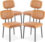 Sweetcrispy Dining Chairs Set of 4, Upholstered Mid Century Modern Kitchen Dining Room Accent Chairs with Faux Leather Cushion Seat & Metal Legs for Kitchen, Living Room - Brown - Image 2