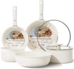 CAROTE 9pcs Pots and Pans Set Non Stick, Cookware Sets, Kitchen Set, Oven/Fridge Safe, Space Saving Pots Set, Nonstick Cooking Set with Versatile Detachable Handle, Induction RV Set, Cream White - Image 2