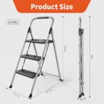 3 Step Ladder, Folding Step Stool with Anti-Slip Wide Pedal, Soft Handle, Anti-Slip Feet, Sturdiest Steel Construction, 900lbs Capacity Steel Ladder for Home and Office, Grey - Image 8