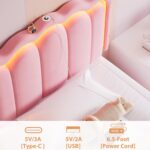Twin Upholstered LED Bed Frame with Storage Drawer and Adjustable Chic Double Wavy Headboard, Velvet Princess Platform Bed for Girls/Kids, Solid Wood Slats Support, No Box Spring Needed, Pink - Image 8