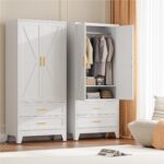 71" Tall Metal Wardrobe Cabinet with 2 Drawers and Hanging Rod, 2 Doors Armoire Wardrobe Closet with Shelf for Bedroom, Office, Laundry Room, White - Image 7