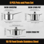 Stainless Steel pots and pans set, 6 Piece Nonstick Kitchen Induction Cookware Set,Works with Induction/Electric and Gas Cooktops, Nonstick, Dishwasher - Image 3