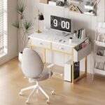 Makeup Vanity Desk No Mirror with Chair for Girls, White Small Vanity Table Set with Fabric Drawers, Power Outlet Without Mirror, Modern Make Up Desk for Bedroom - Image 5