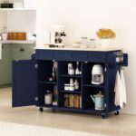 HLR Kitchen Island On Wheels, Blue Rolling Kitchen Island Cart with Solid Wood Drop Leaf Prep Table, Barn Door Kitchen Islands with Storage Cabinet and Tower Rack, Island Table for Kitchen - Image 4