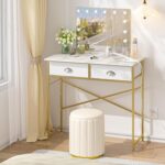 Small Vanity Desk No Mirror for Kids Bedroom, 31.5 Inch Vanity Table with Drawers, Makeup Vanity Desk for Narrow Spaces, White and Gold(No Mirror) - Image 2