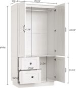 LIKIMIO Farmhouse Wardrobe Closet with Doors, 70" Bedroom Armoires with LED Lights and Hanging Rod, Wooden Large Wardrobe Cabinet with 2 Drawers and 1 Cabinet, Classic White - Image 3