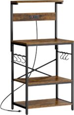 SUPERJARE Kitchen Bakers Rack with Power Outlet, Coffee Bar Table 4 Tiers, Kitchen Microwave Stand with 6 S-shaped Hooks, Storage Shelf Rack for Spices, Pots and Pans - Rustic Brown - Image 2