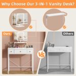 Small Makeup Vanity Desk with 3 Fabric Drawers, Vanity Table 11.8" D x 27.5" W with Mirror and Lights and Height-Adjustable Stand, Vanity for Girls Gifts, Bedroom and Small Spaces, White - Image 10