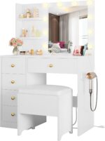 IRONCK Vanity Desk with Mirror and Lights, Small Makeup Vanity Table with 5 Drawers, Power Outlet, and Vanity Stool, 3 Lighting Colors, Dressing Table for Women Girls Bedroom, White - Image 2
