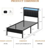 Furnulem Twin Size Bed Frame with Charging Station and LED Lights, Platform Bed with Metal Slats, Grey Upholstered Headboard with 2-Tier Storage Shelves, No Box Spring Needed - Image 3