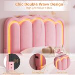 Twin Upholstered LED Bed Frame with Storage Drawer and Adjustable Chic Double Wavy Headboard, Velvet Princess Platform Bed for Girls/Kids, Solid Wood Slats Support, No Box Spring Needed, Pink - Image 7
