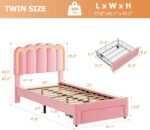 Twin Upholstered LED Bed Frame with Storage Drawer and Adjustable Chic Double Wavy Headboard, Velvet Princess Platform Bed for Girls/Kids, Solid Wood Slats Support, No Box Spring Needed, Pink - Image 3