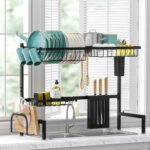 Over The Sink Dish Drying Rack - Adjustable 2 Tier Large Capacity Stainless Steel Drainer with Cutlery & Utensil Holders, Kitchen Storage & Organization, 30"-33.9" L x 11" W x 21.5" H, Black - Image 5