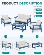 SERWALL 4 Piece HDPE Outdoor Furniture Set, All Weather Wood-Like Outdoor Sofa Sectional Couch, Bllue Patio Furniture Set with Khaki Cushions - Image 3
