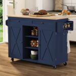 HLR Kitchen Island On Wheels, Blue Rolling Kitchen Island Cart with Solid Wood Drop Leaf Prep Table, Barn Door Kitchen Islands with Storage Cabinet and Tower Rack, Island Table for Kitchen - Image 2