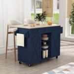 HLR Kitchen Island On Wheels, Blue Rolling Kitchen Island Cart with Solid Wood Drop Leaf Prep Table, Barn Door Kitchen Islands with Storage Cabinet and Tower Rack, Island Table for Kitchen - Image 3