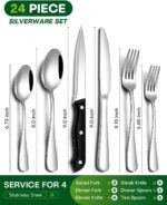 24 Pcs Silverware Set with Steak Knives Food-Grade Stainless Steel Flatware Set for 4 Mirror Cutlery Include Forks Spoons and Knives Set Dishwasher Safe Utensil Sets for Home Restaurant - Image 3