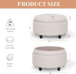 COLAMY Fabric Round Storage Ottoman with Reversible Tray Lid – Multi-Functional Footrest, Hidden Storage, Sturdy & Stylish Small Coffee Table for Living Room, Bedroom, or Entryway(Beige) - Image 3