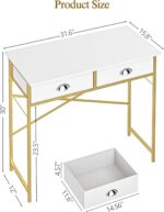 Small Vanity Desk No Mirror for Kids Bedroom, 31.5 Inch Vanity Table with Drawers, Makeup Vanity Desk for Narrow Spaces, White and Gold(No Mirror) - Image 3