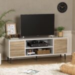 YESHOMY Modern TV Stand for 65" Television, Entertainment Center with Two Storage Cabinets, Retro Style Media Console for Living Room, Bedroom, Office, 58 Inch, White and Coffee - Image 2