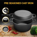 2-in-1 Pre-Seasoned Cast Iron Dutch Oven Pot with Skillet Lid Cooking Pan, Cast Iron Skillet Cookware Pan Set with Dual Handles Indoor Outdoor for Bread, Frying, Baking, Camping, BBQ, 5QT - Image 6