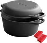 2-in-1 Pre-Seasoned Cast Iron Dutch Oven Pot with Skillet Lid Cooking Pan, Cast Iron Skillet Cookware Pan Set with Dual Handles Indoor Outdoor for Bread, Frying, Baking, Camping, BBQ, 5QT - Image 2