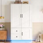 LIKIMIO Farmhouse Wardrobe Closet with Doors, 70" Bedroom Armoires with LED Lights and Hanging Rod, Wooden Large Wardrobe Cabinet with 2 Drawers and 1 Cabinet, Classic White - Image 4