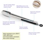 304 Stainless Steel Kitchen Cooking Tongs, 9" and 12" Set of 2 Sturdy Grilling Barbeque Brushed Locking Food Tongs with Ergonomic Grip, Black - Image 6